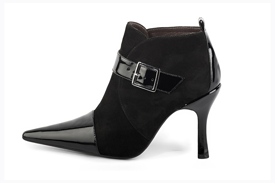Gloss black women's ankle boots with buckles at the front. Pointed toe. Very high spool heels. Profile view - Florence KOOIJMAN